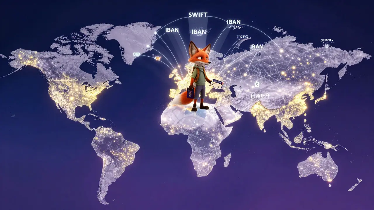 Traveler fox holds Visa card over a connected global map showing banking features.
