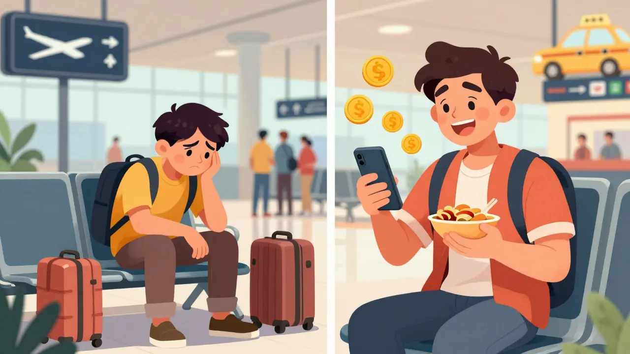 Traveler using instant insurance funds after flight delay