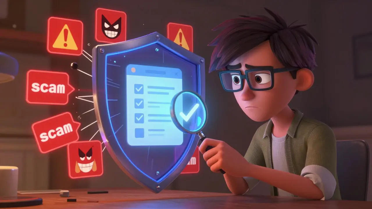 User protecting wallet from scams with a shield and checklist