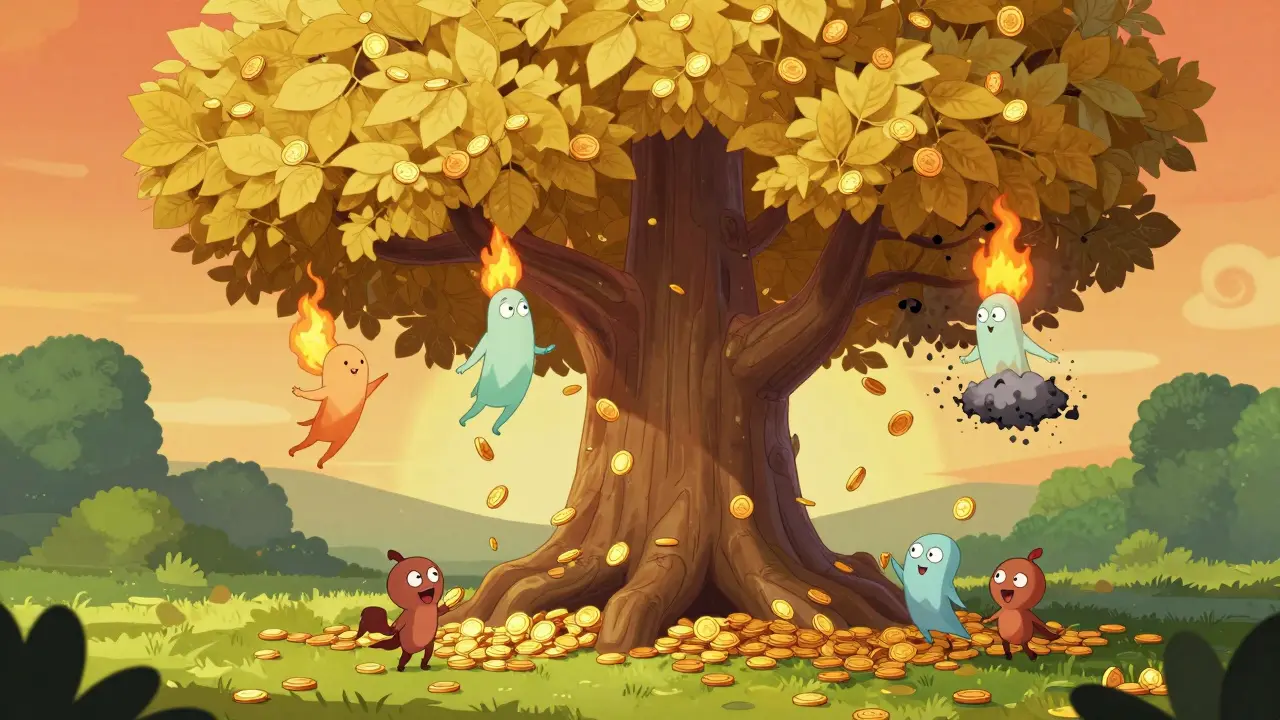 Whimsical illustration showing token burning and staking rewards as a magical tree ecosystem.