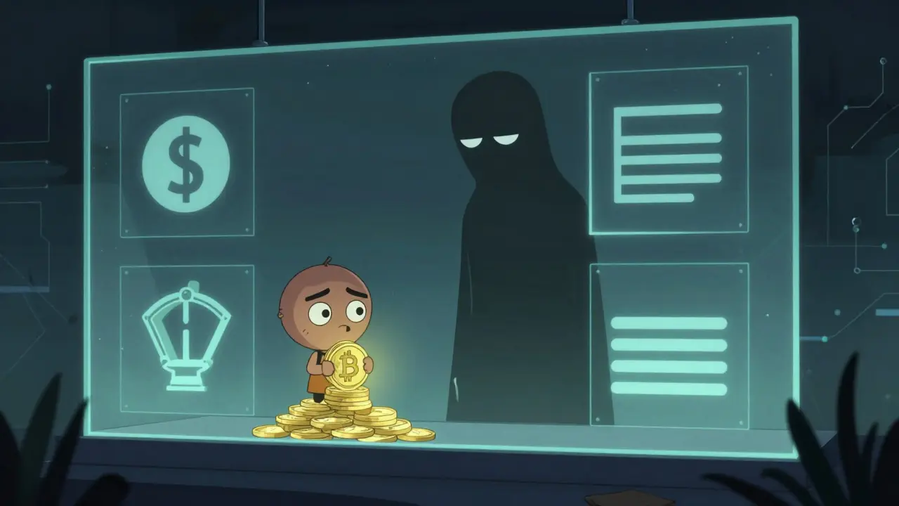 A cautious character holding crypto tokens behind a glass barrier, symbolizing security risks and regulation.