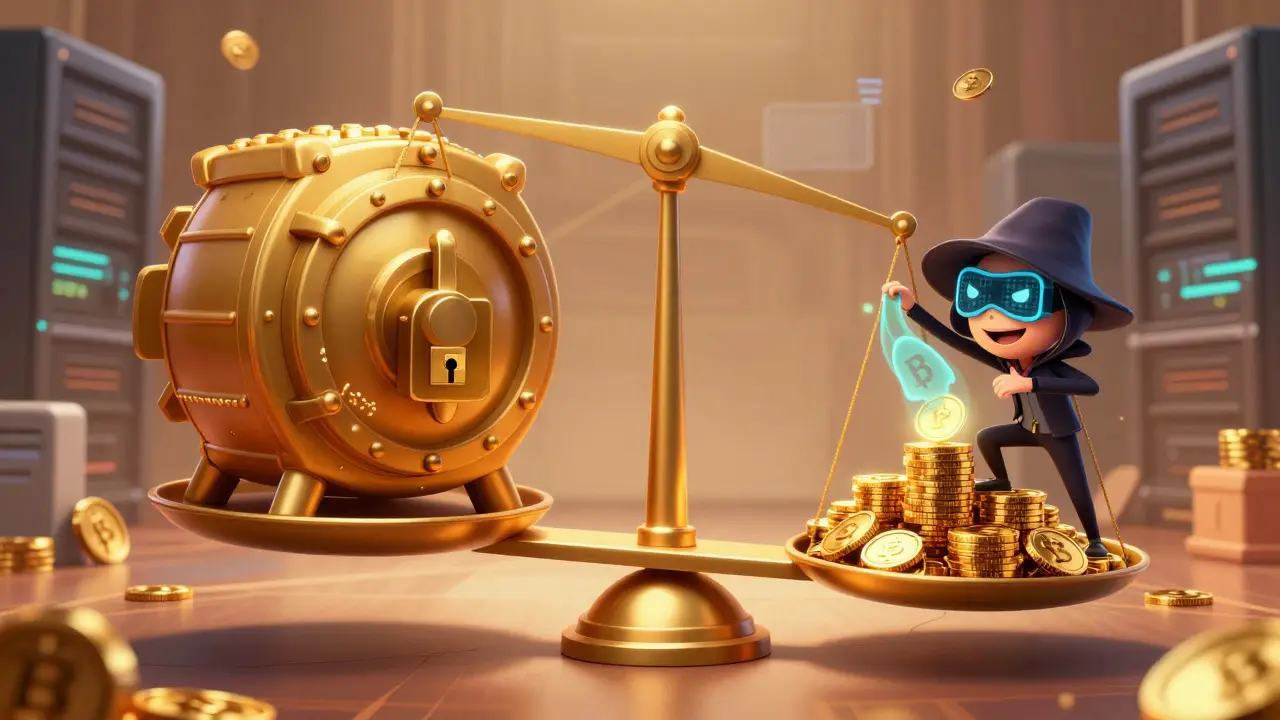 A scale weighs high attack costs against lower network value, with a hacker trying to cheat the system.