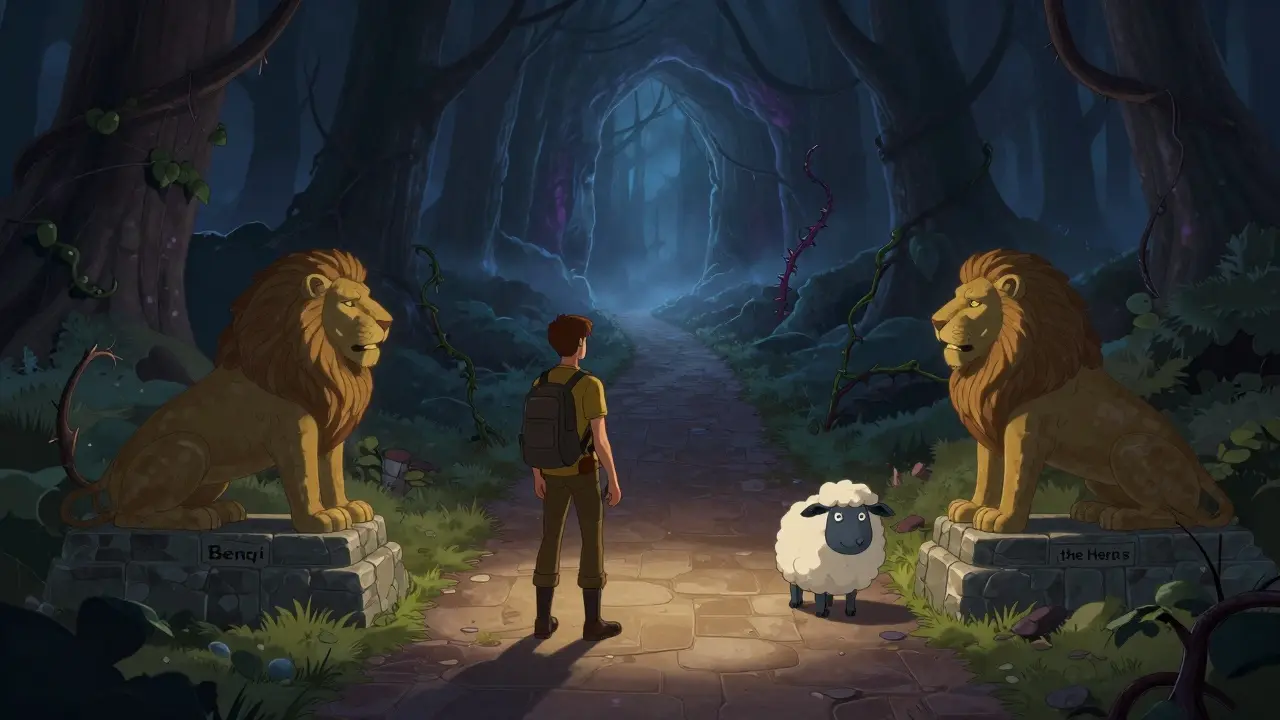 Adventurer choosing between a safe path and a risky, shadowy cave in a forest.