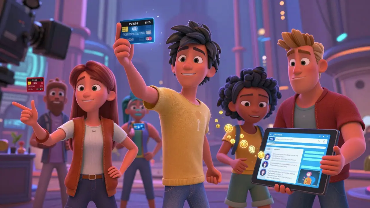 Animated characters earning crypto rewards via card and app usage