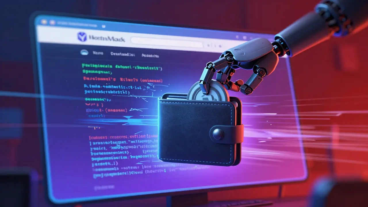 Animated depiction of a crypto wallet being drained by a malicious phishing website robot.