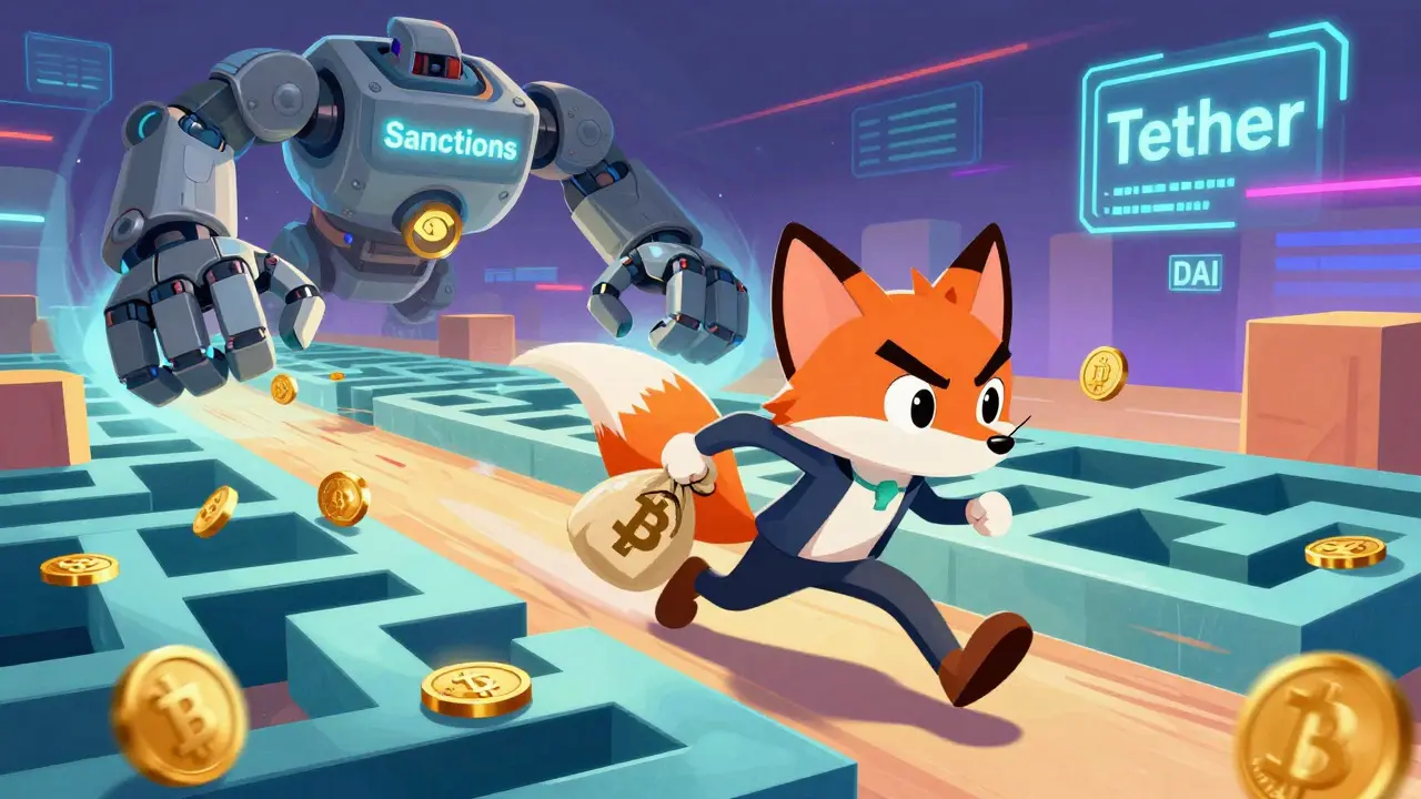 Animated fox evading sanction robots in a digital blockchain maze