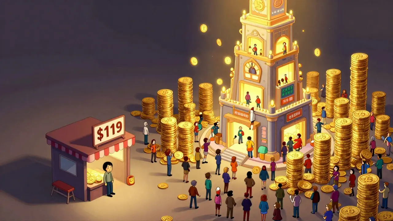 Cartoon comparison of a tiny empty shop versus a bustling giant exchange tower
