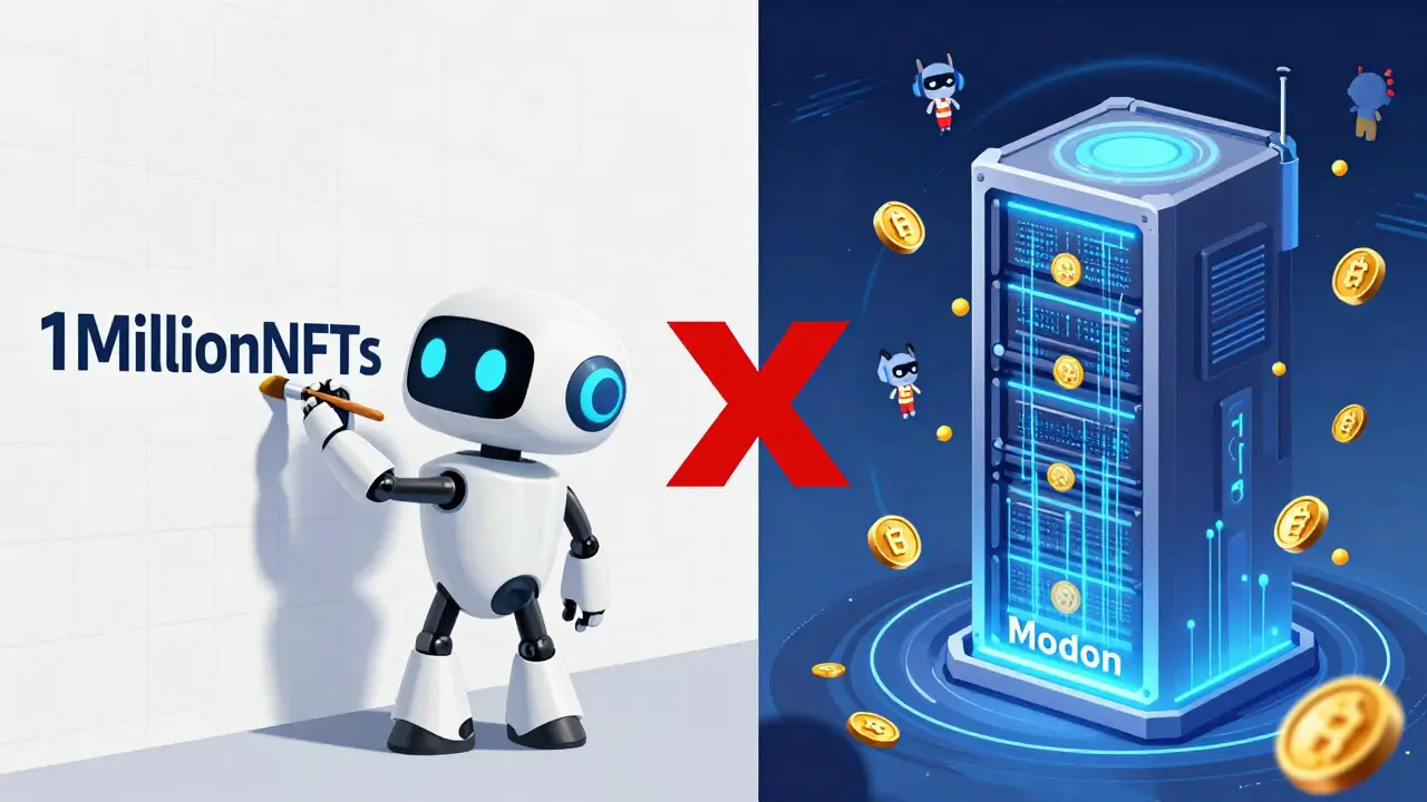 Cartoon comparison of pixel art platform vs blockchain token distribution
