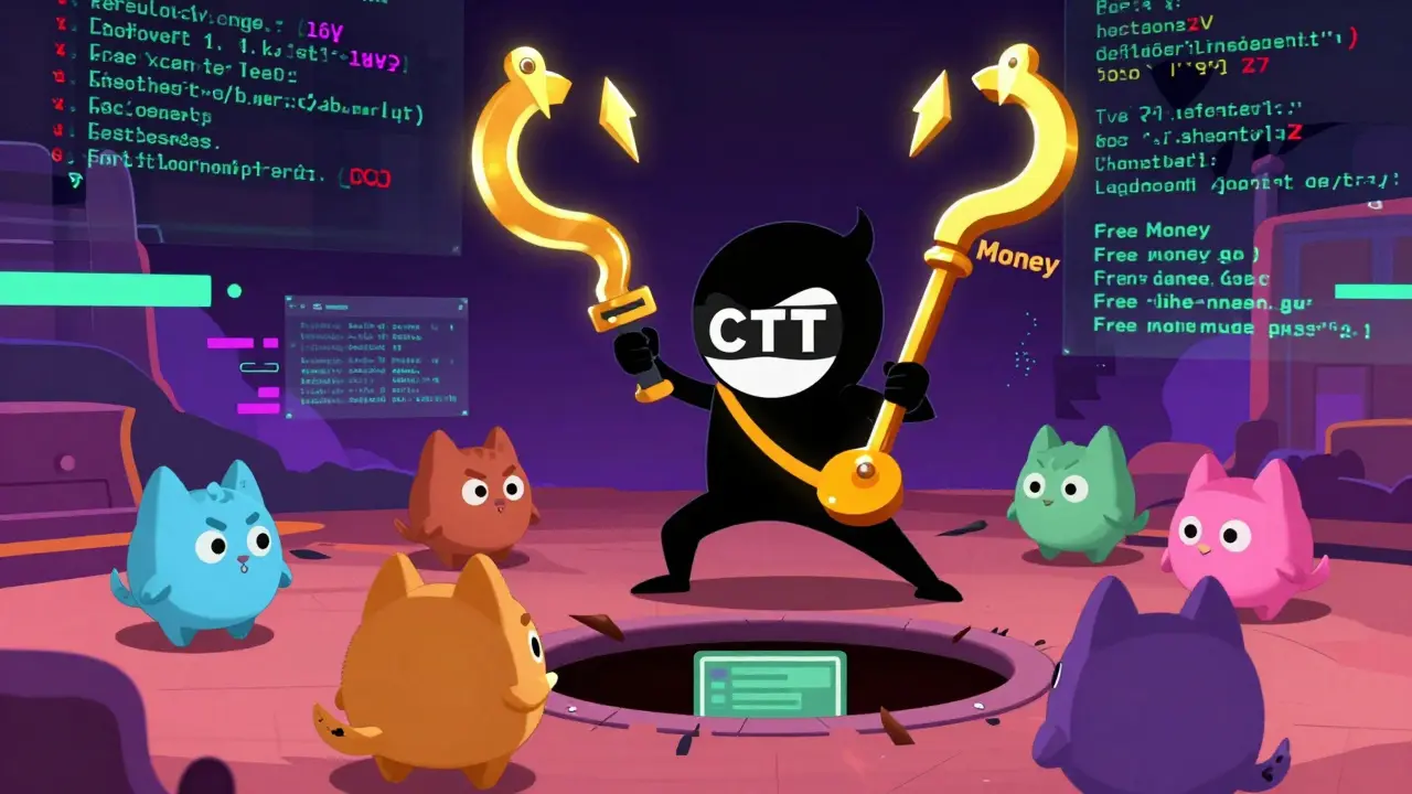 Cartoon villain luring cute crypto avatars into a phishing trap with a golden hook