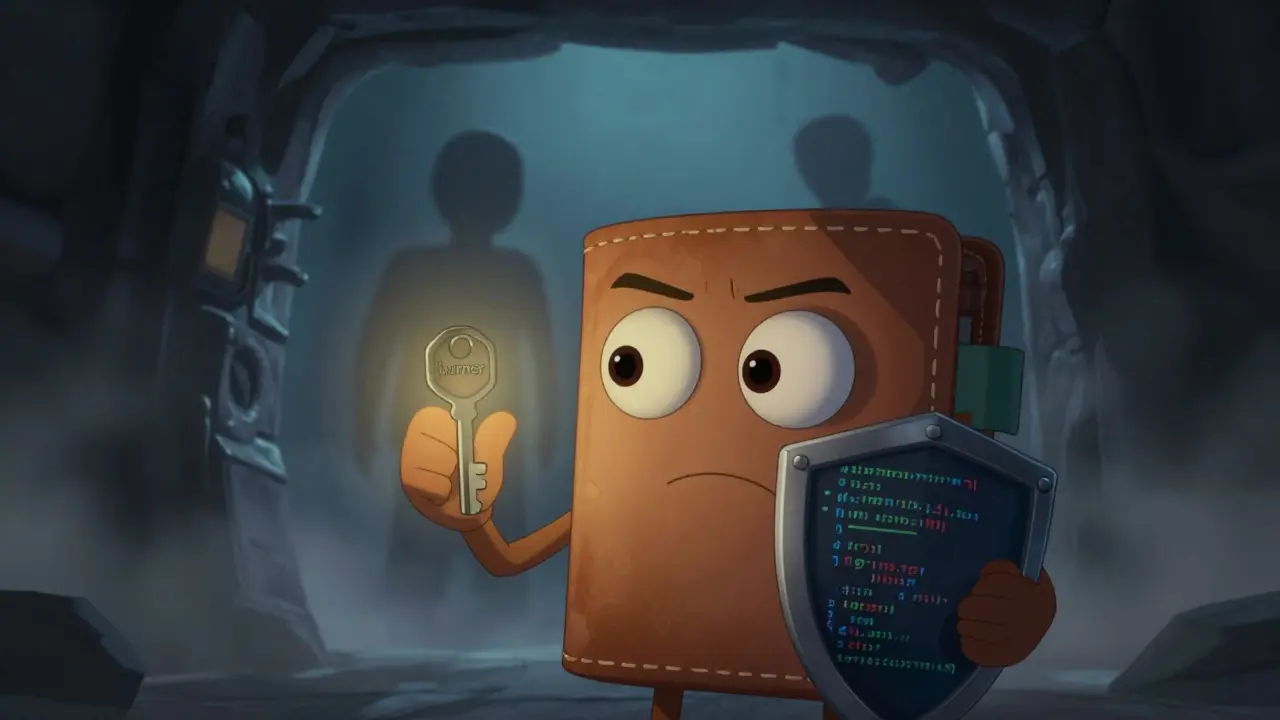 Cautious wallet character holding a burner key before a mysterious foggy portal