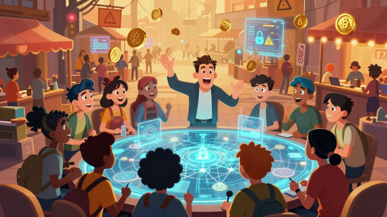 Community members learning crypto in a vibrant, animated setting