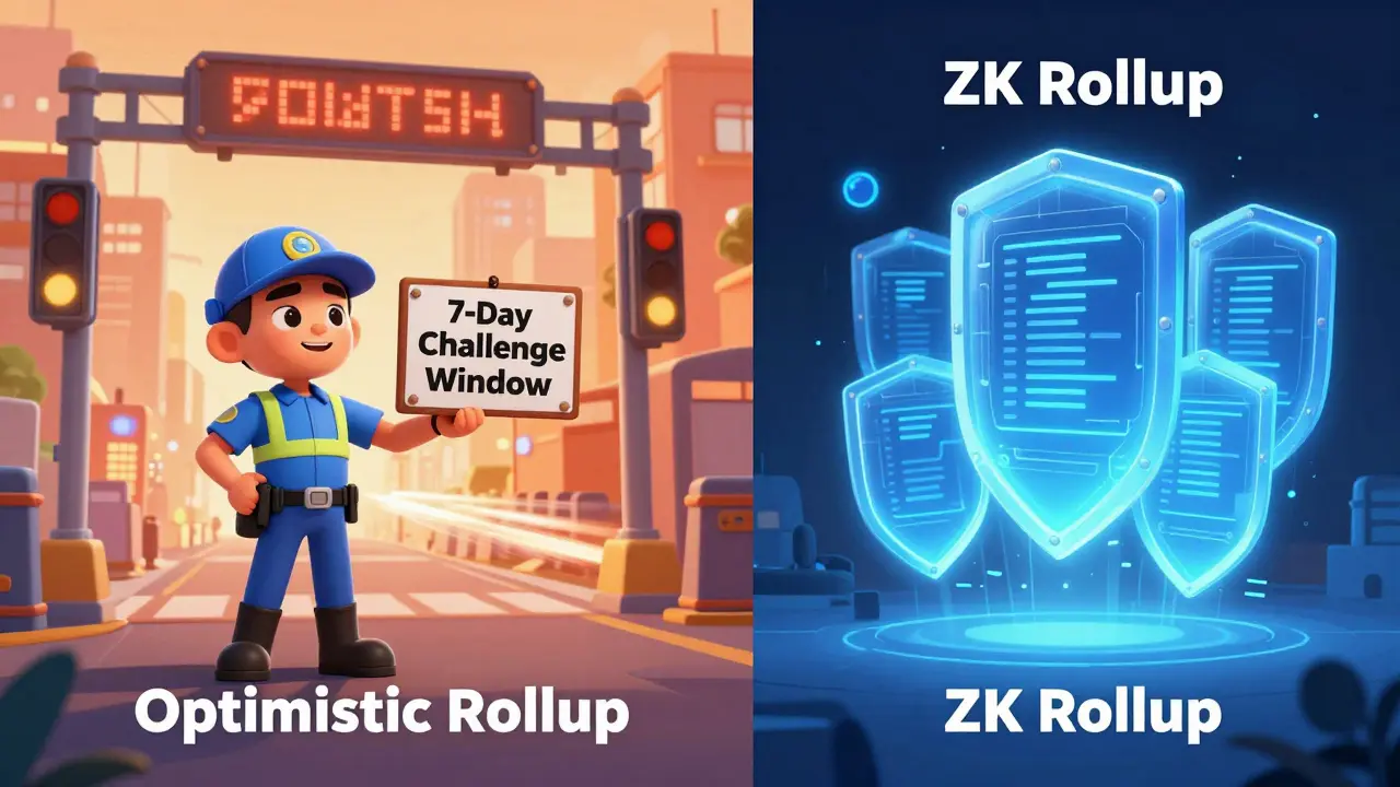 Comparison of Optimistic and ZK Rollup technologies with stylized guardians