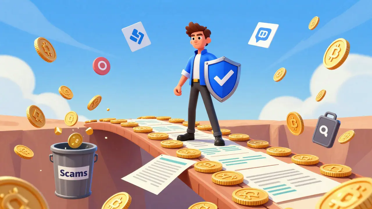 Confident user standing on a safe bridge while fake tokens fall into a scam trash can.