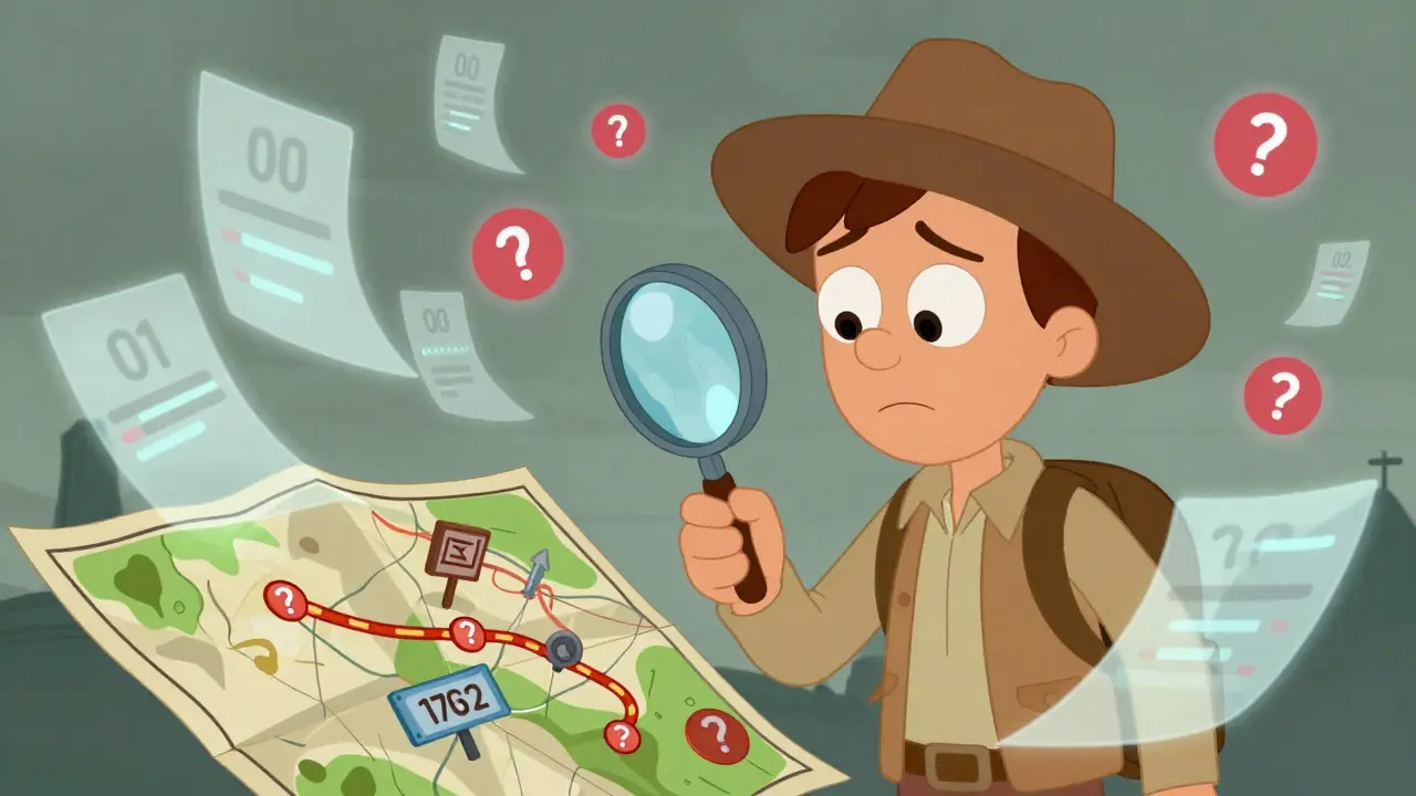 Confused explorer examining a messy map with conflicting crypto data charts.