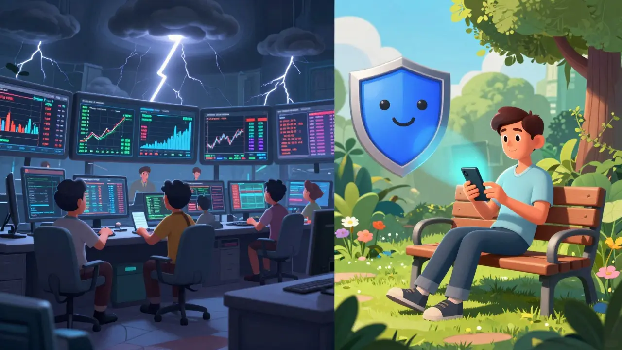 Contrast between chaotic trading floor and calm, secure crypto conversion