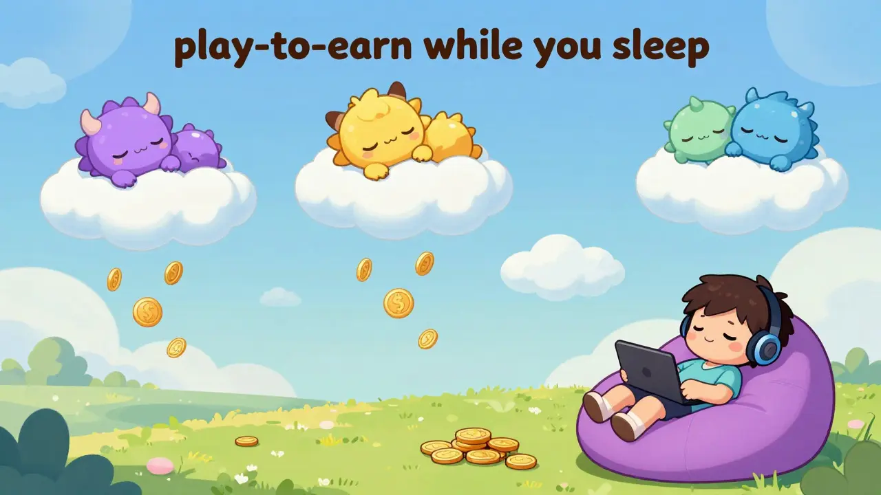 Cute cartoon monsters sleeping while passively earning coins in a dreamy idle game setting.