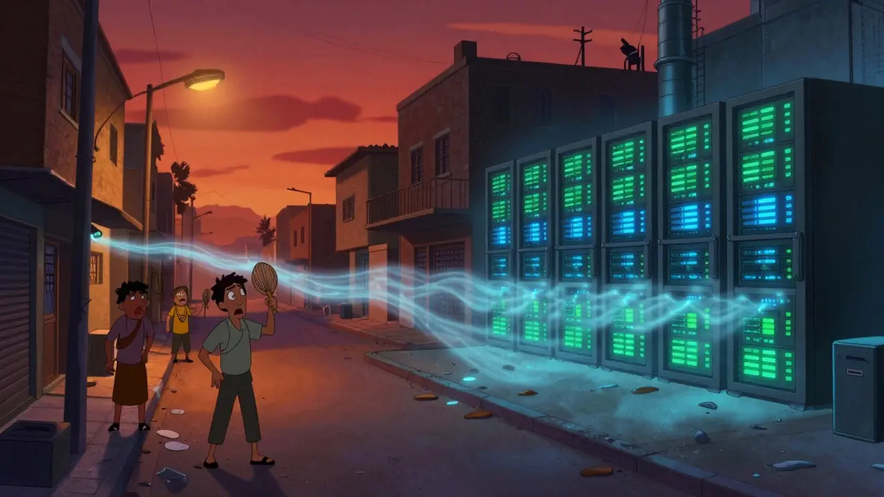 Darkened streets vs glowing server farm showing power grid disparity