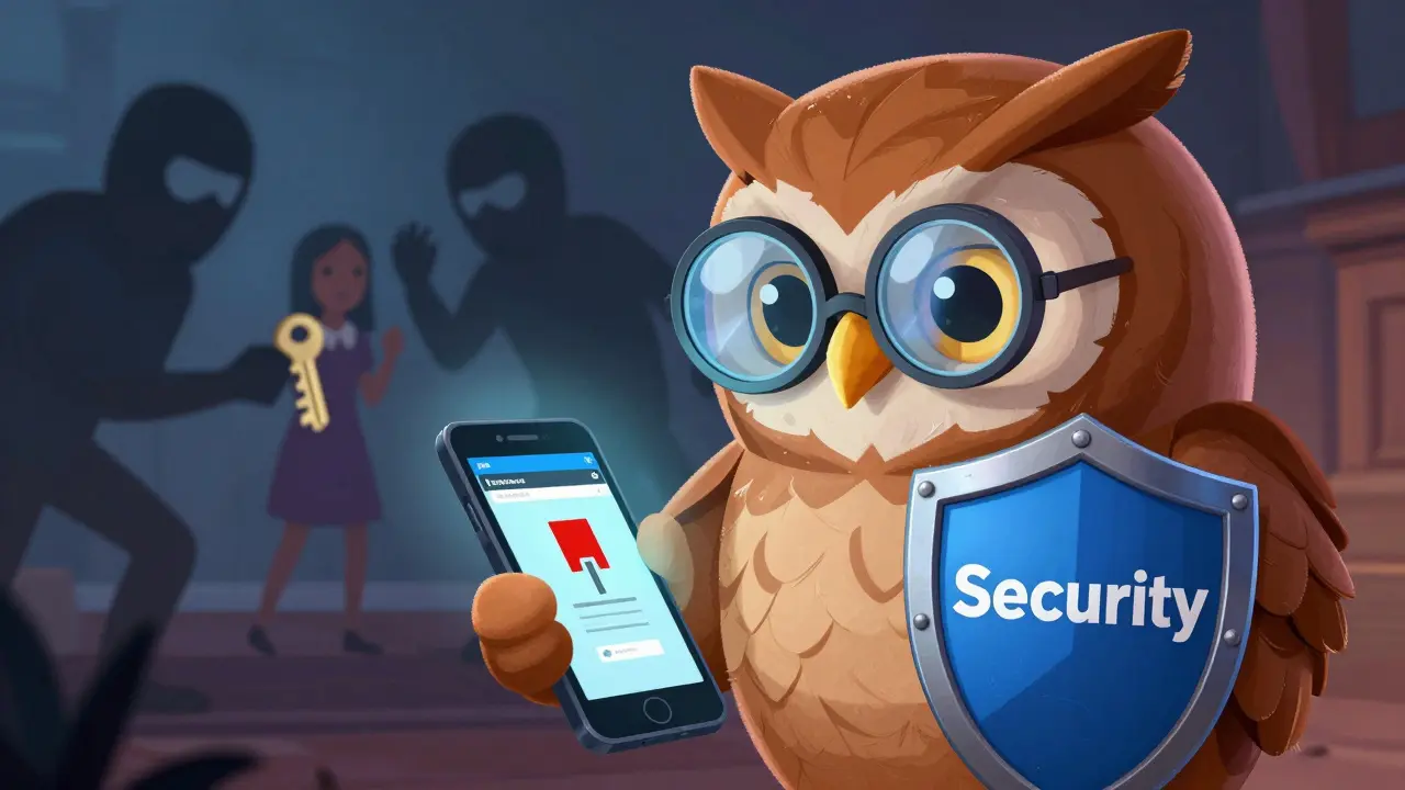 Detective owl checking for crypto scams on a phone screen