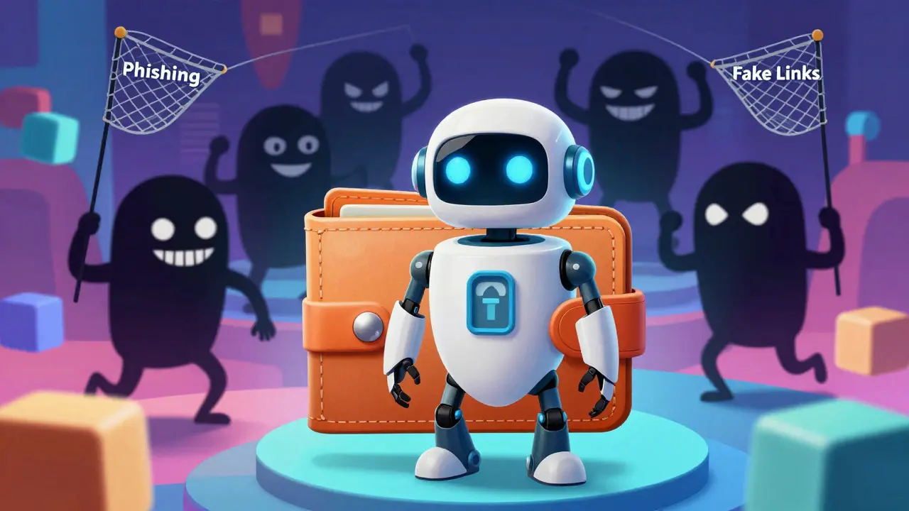Digital guardian protecting a wallet from shadowy scammer characters in a cyber world.