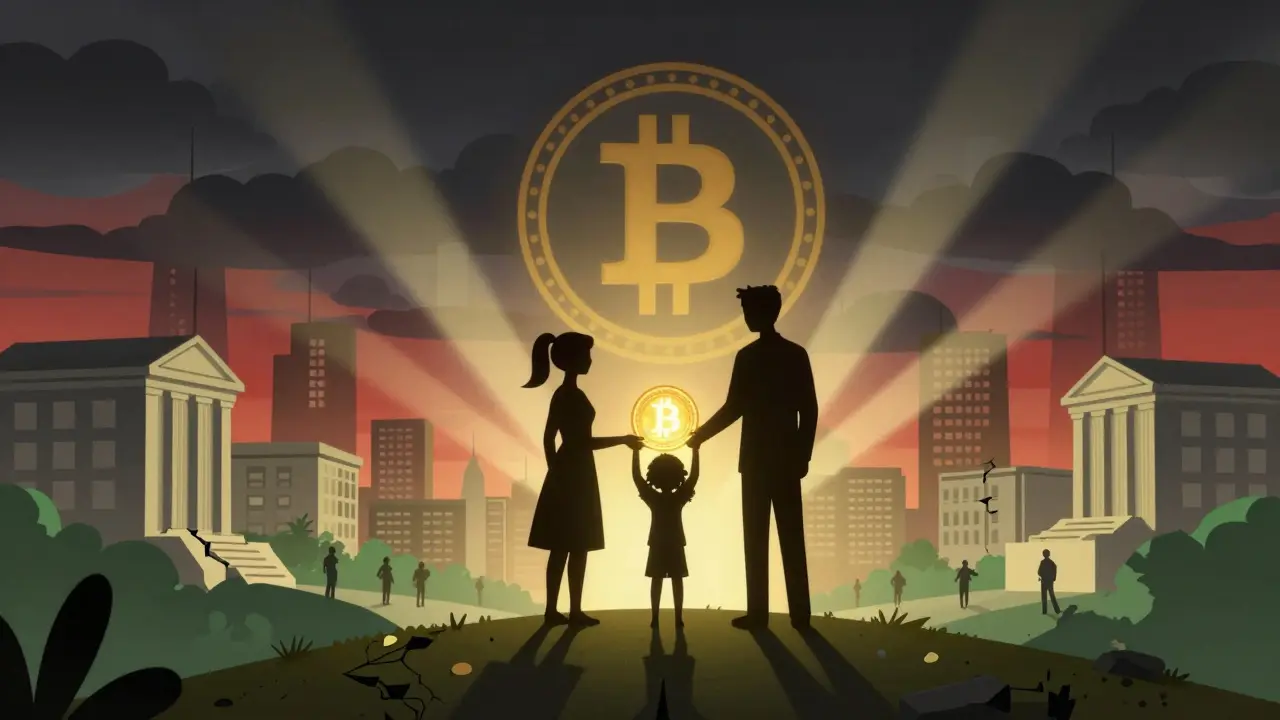 Family holding glowing coin symbolizing hope against oppressive backdrop