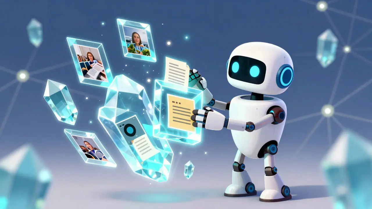 Friendly robot storing digital files in glowing crystal blocks for safekeeping.
