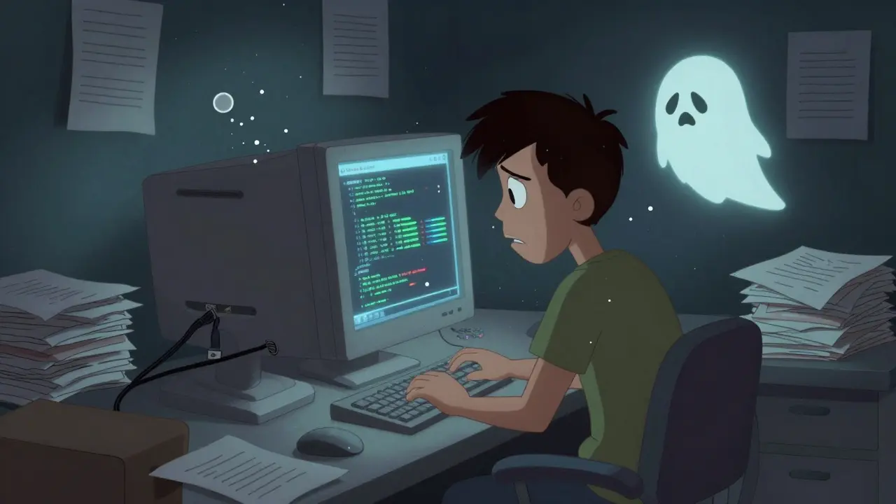 Frustrated person struggling with old computer and glitchy screen