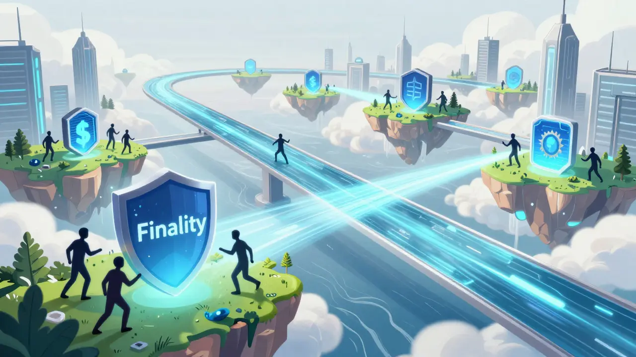 Futuristic blockchain city with shields protecting against cyber attacks