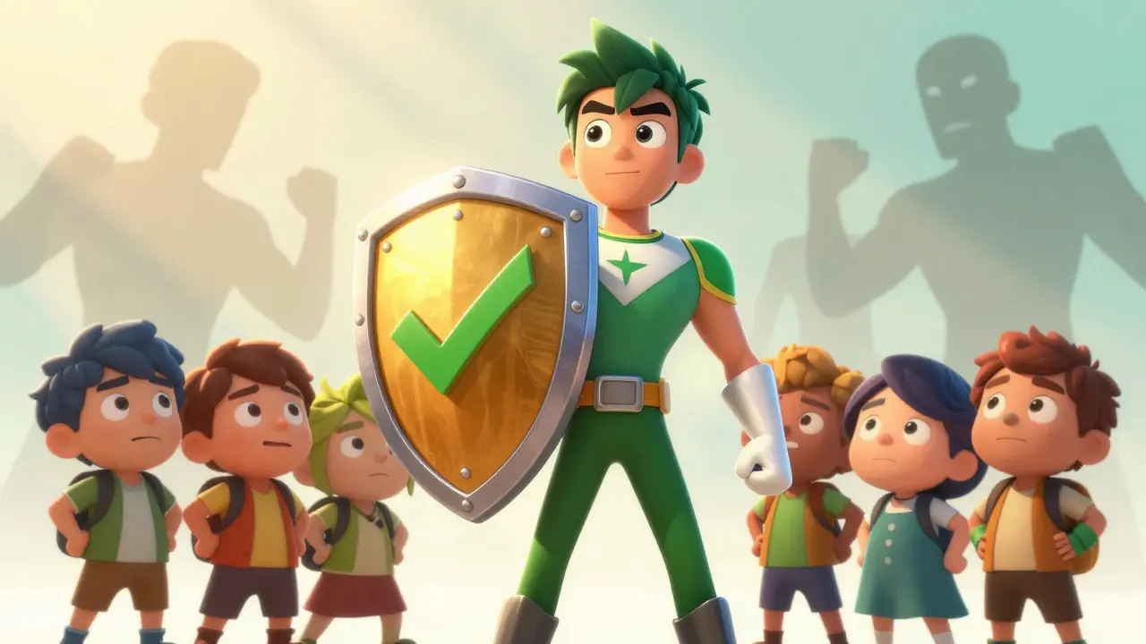 Heroic character holding golden shield protecting people from background threats