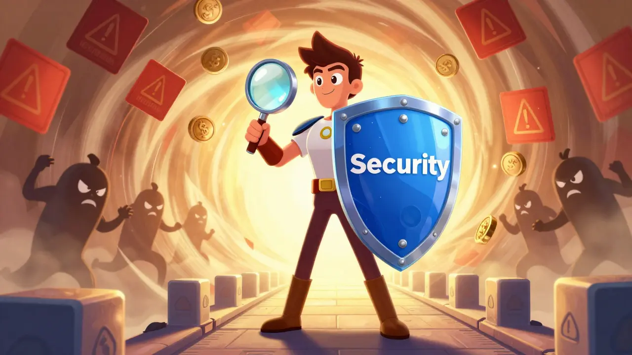 Heroic character protecting assets with a security shield against scam threats