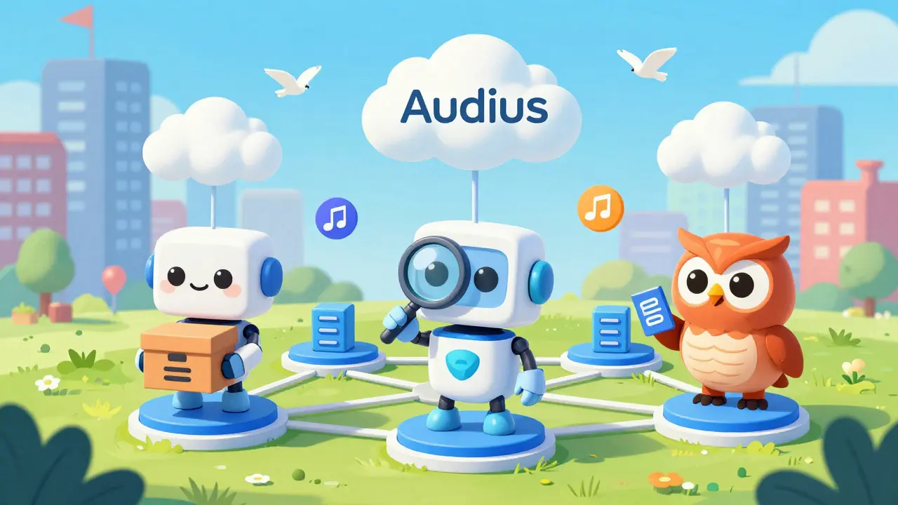 Illustration of decentralized music network nodes working together