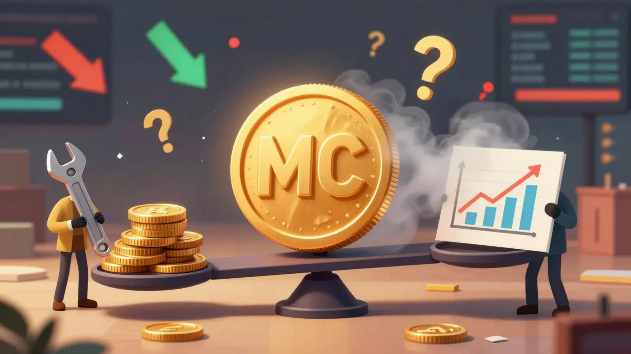 Illustration of MC token on a scale with foggy circulating supply and volatile market