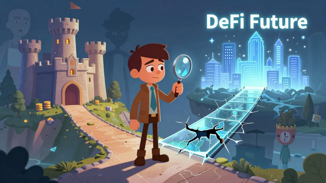 Investor character weighing risks on a cracked bridge leading to DeFi future