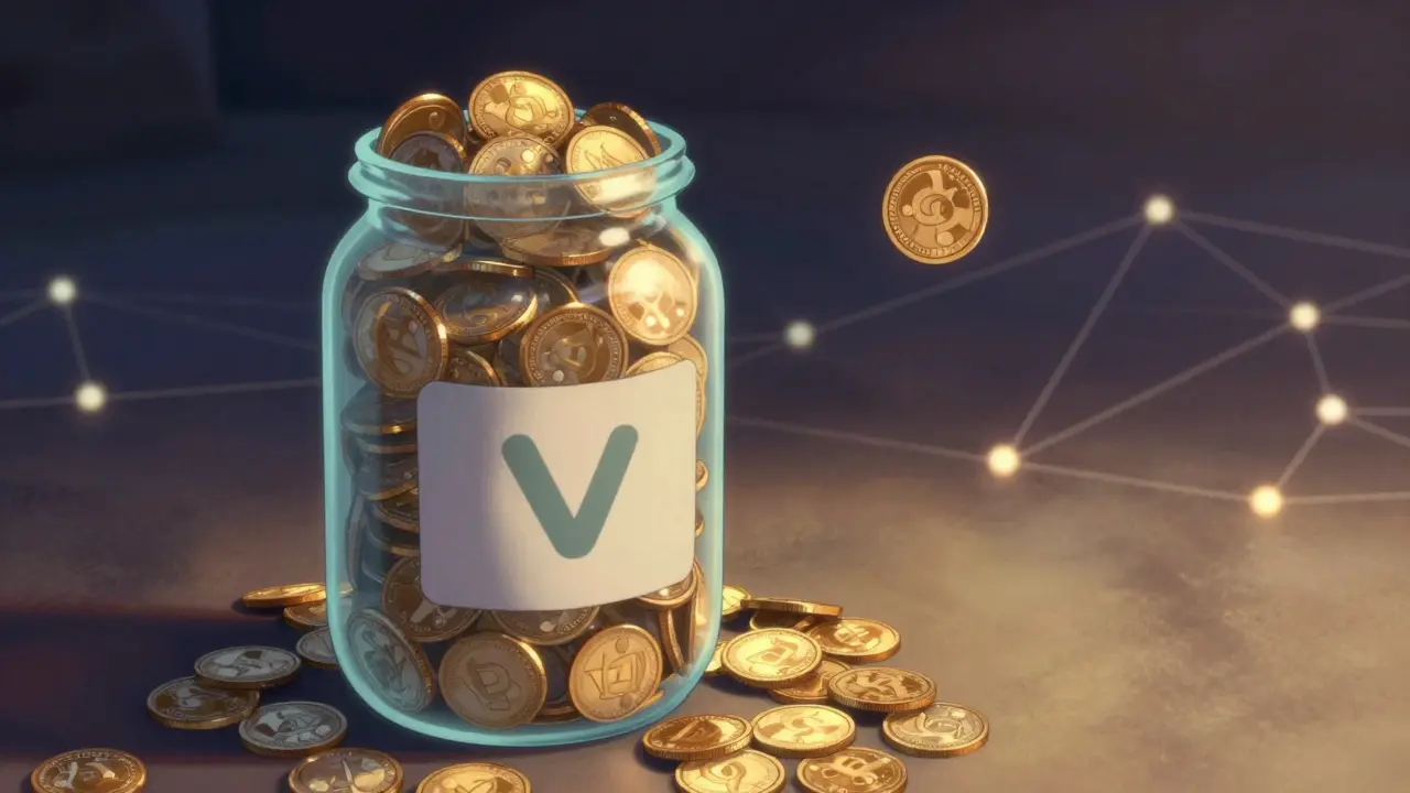 Jar of many small coins representing high token supply and growth