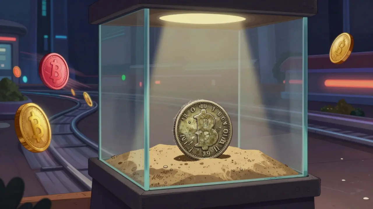 Lonely Manna coin in museum display while modern coins race by