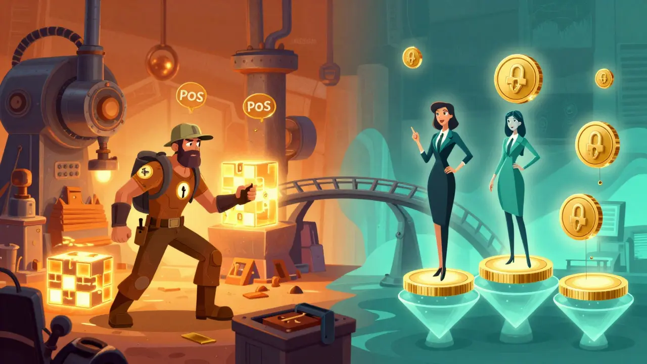 Miner and validators illustrating PoW vs PoS consensus mechanisms