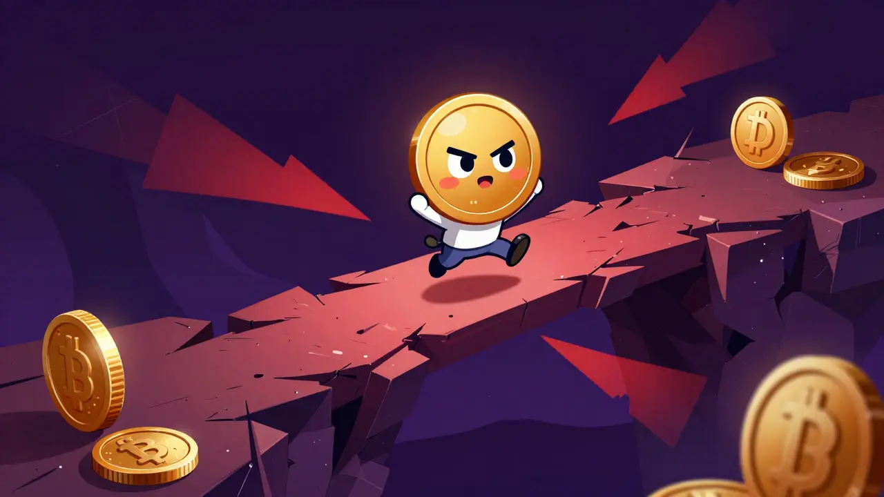Small token character navigating dangerous gaps on a crumbling bridge.