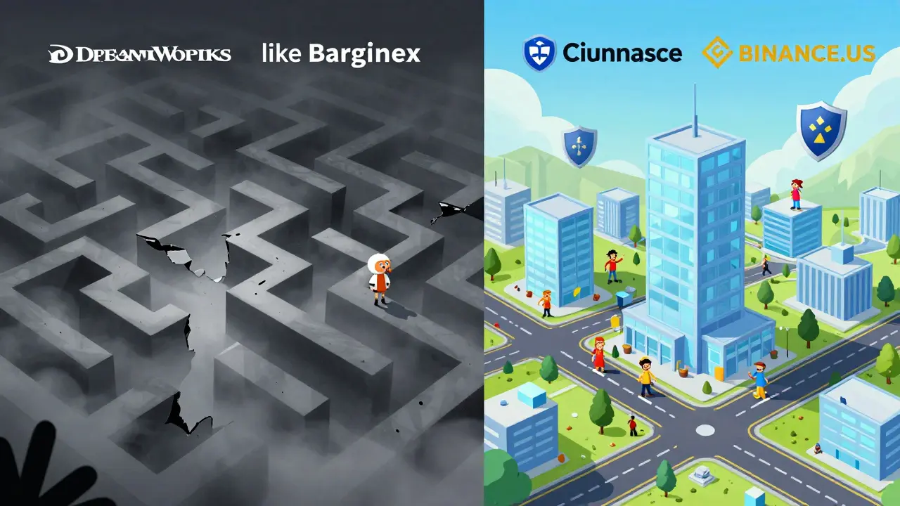 Split screen comparing chaotic maze of risky exchange vs safe structured city