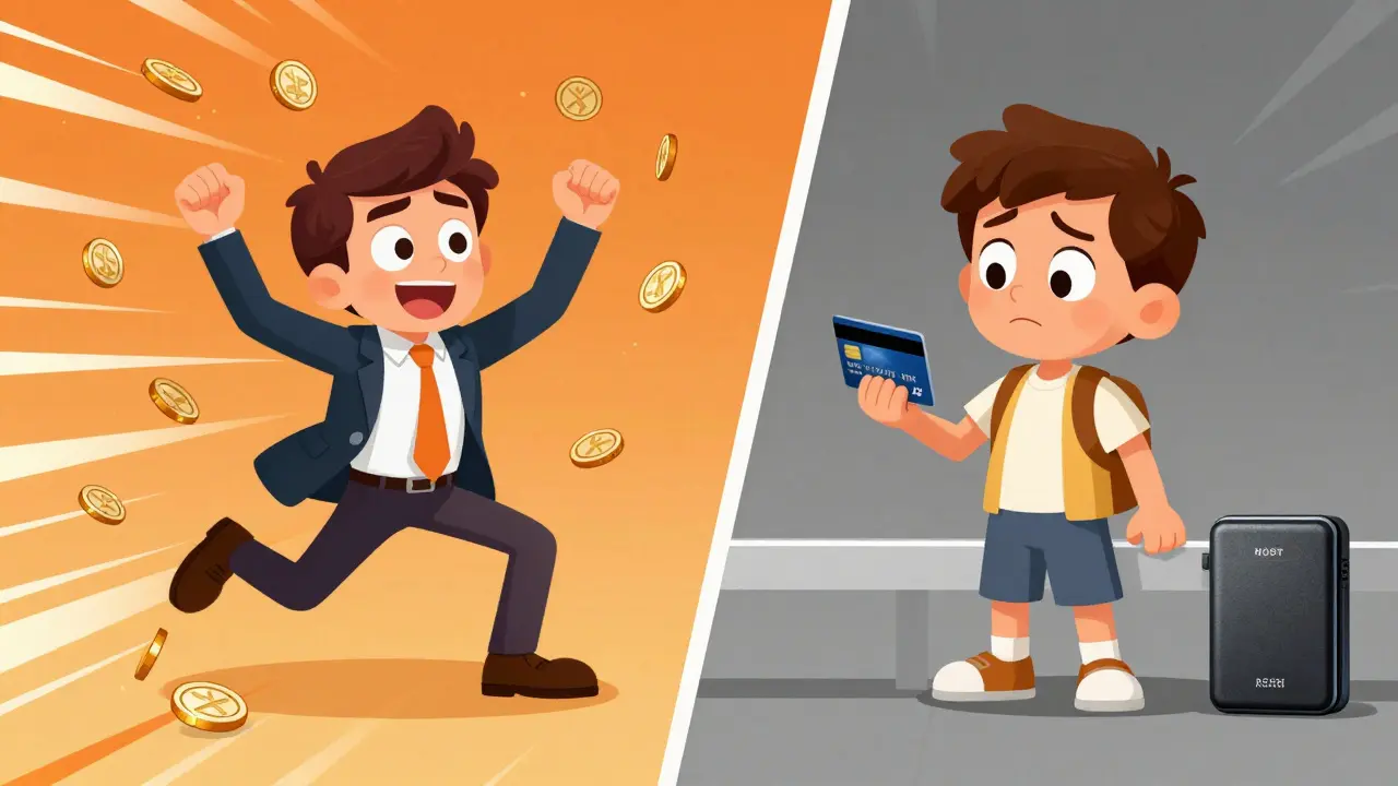 Split view showing a happy high-frequency trader versus a confused beginner unable to deposit fiat currency.