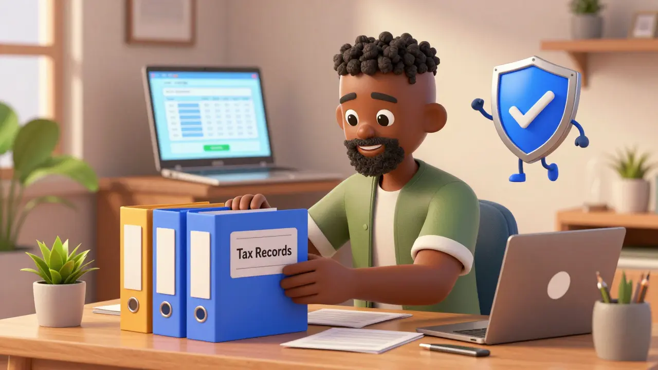 Trader organizing tax records with compliance mascot in home office