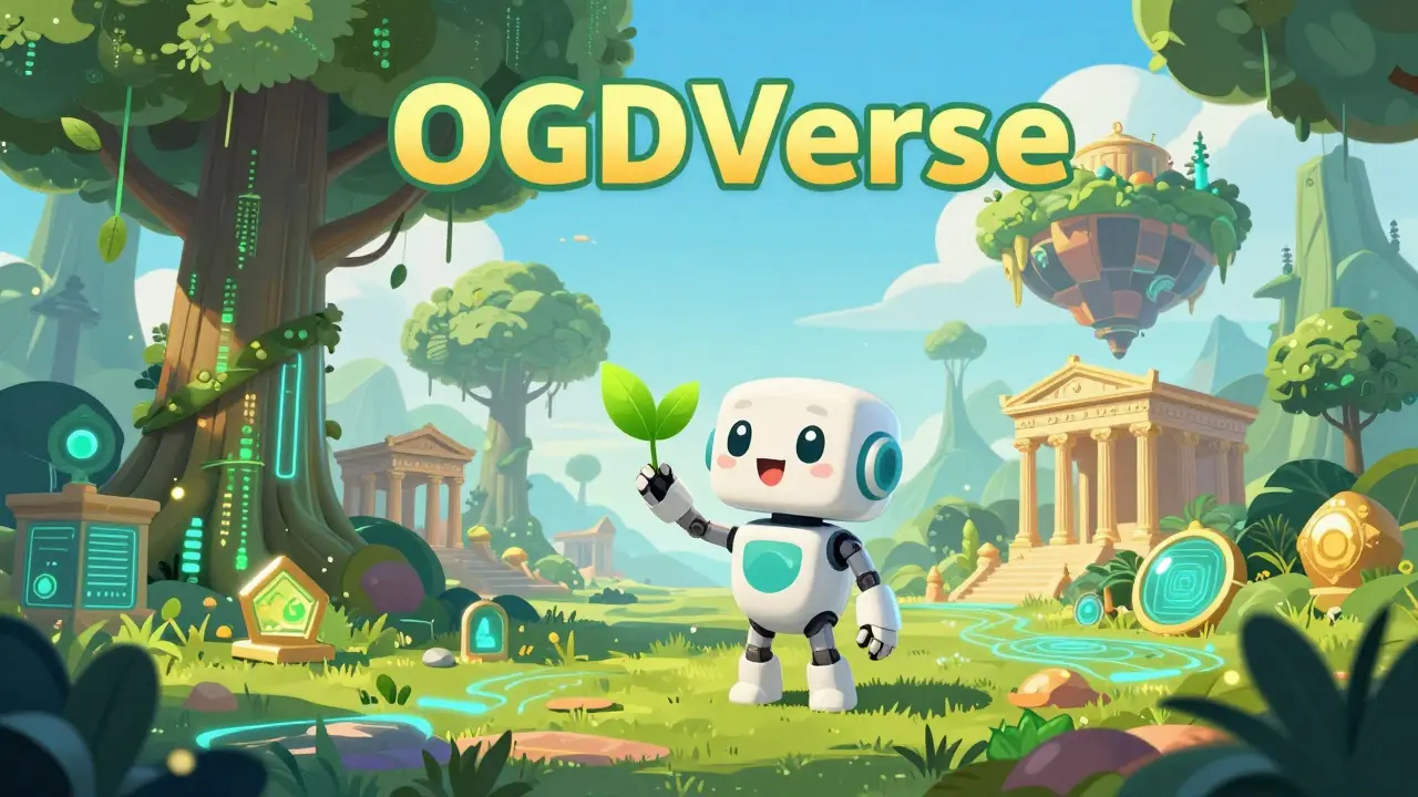 Whimsical green metaverse landscape with carbon credit trees