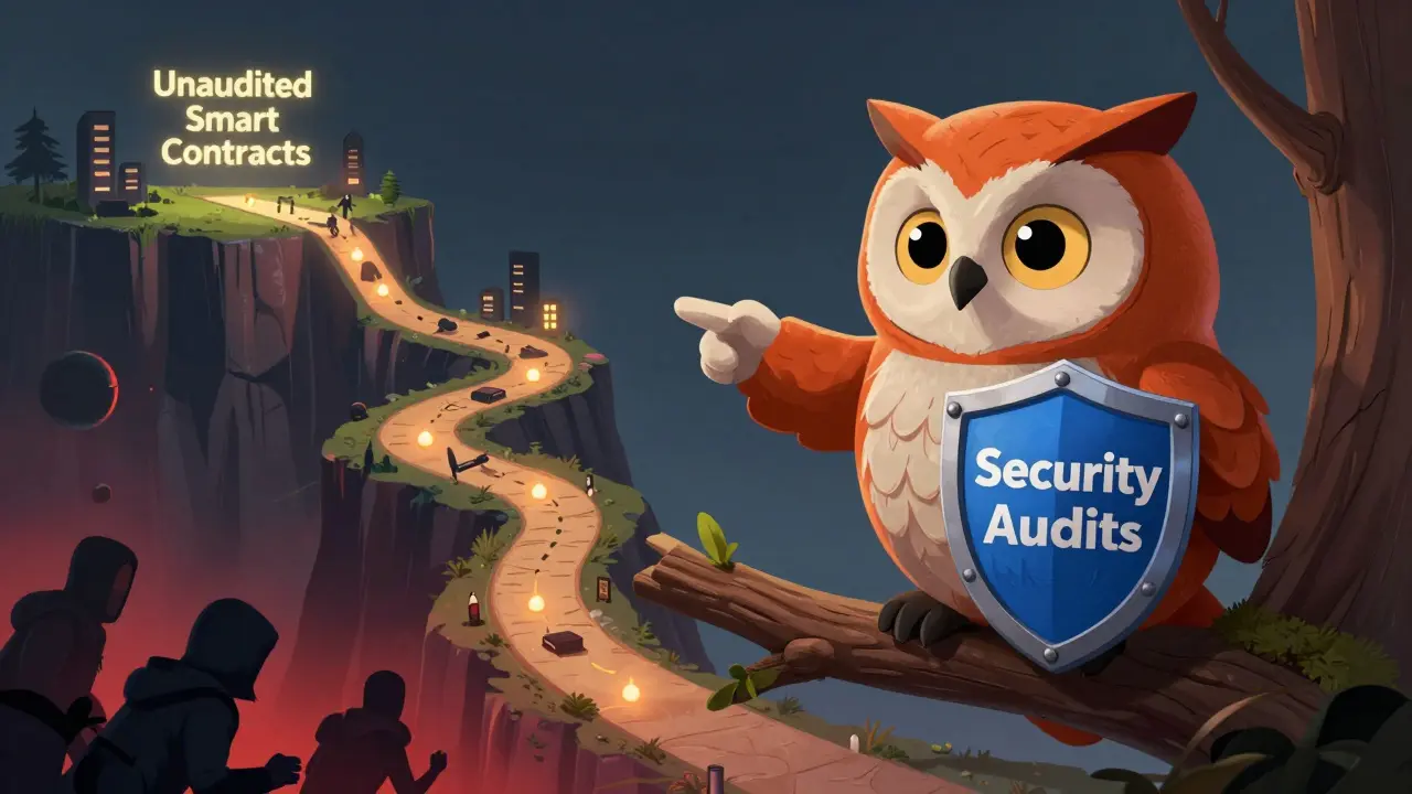 Wise animal advisor warning against unsecured smart contract risks.