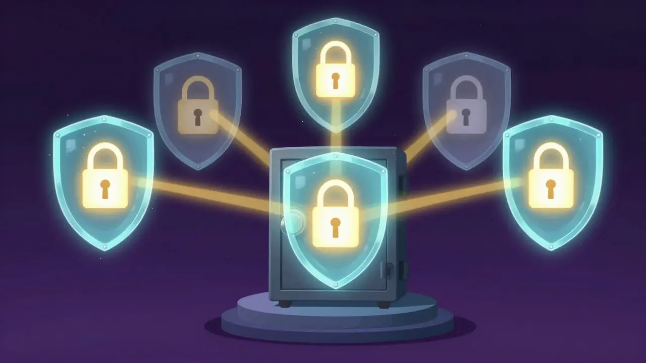 A digital safe authorized by three active glowing shields while two remain inactive.