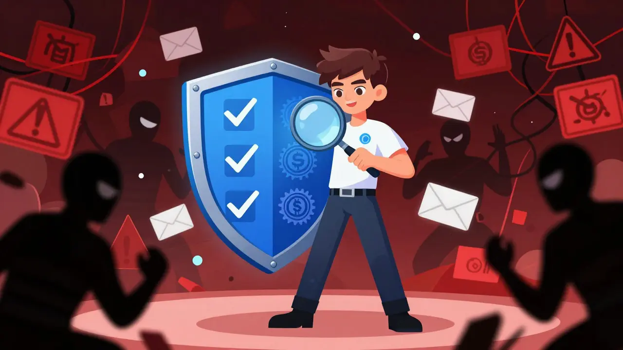 An animated hero protecting against phishing scams with a shield of verification checks.