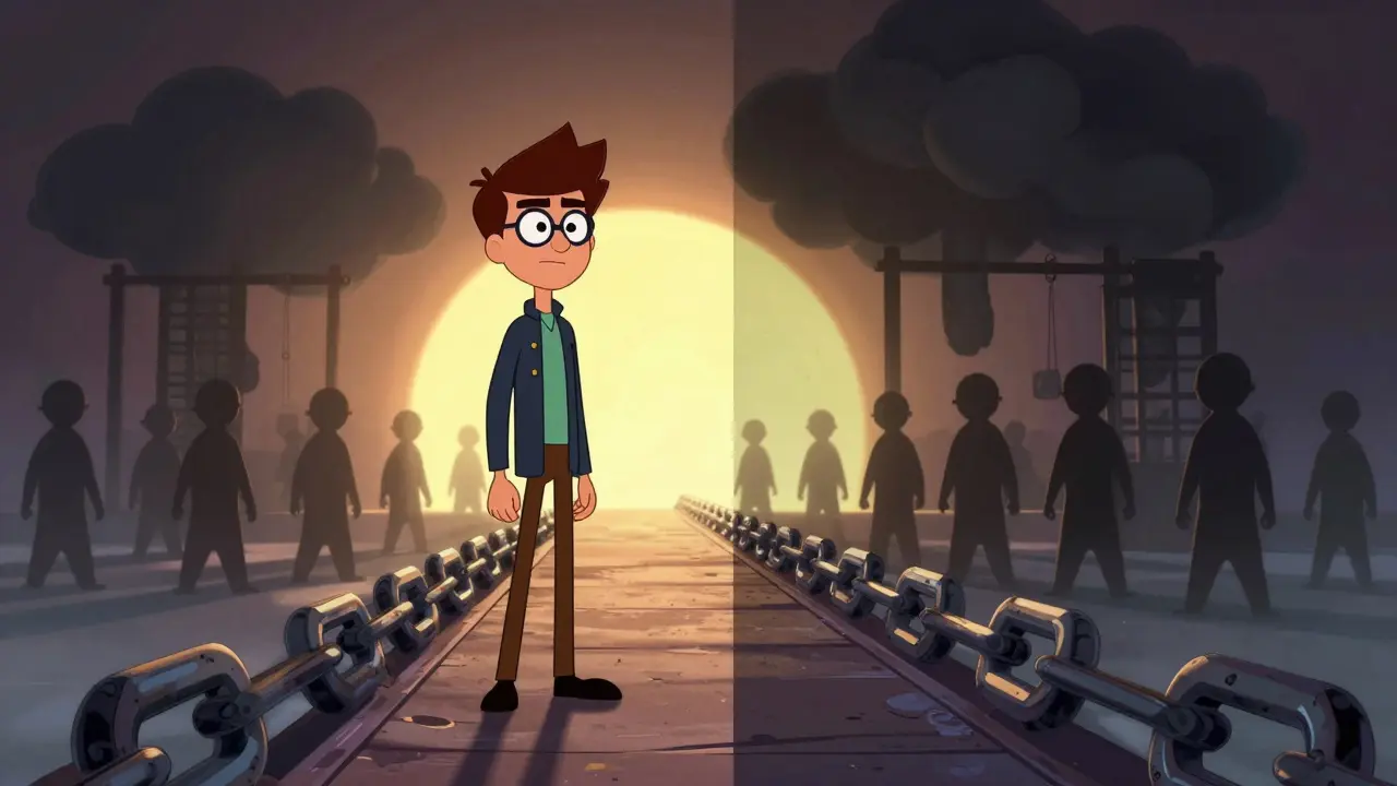 Animated agent on a blockchain bridge facing regulatory clouds at sunrise.
