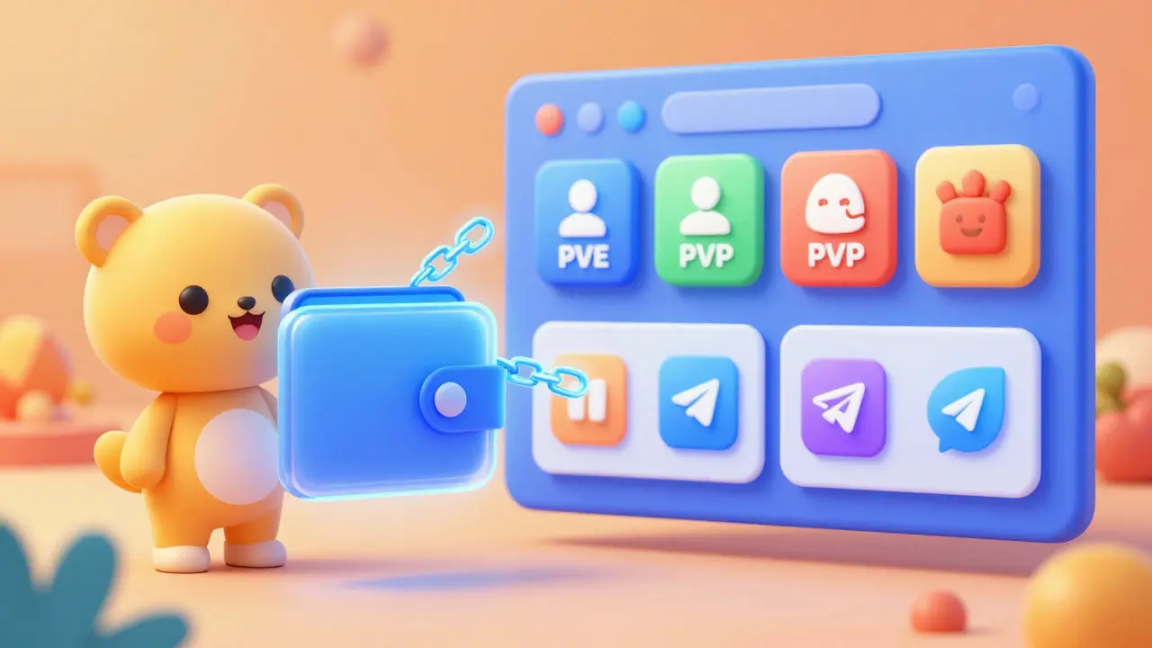 Animated avatar connecting a digital wallet to a colorful game dashboard
