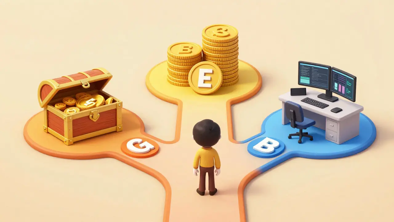 Animated character choosing between three colorful tax category paths