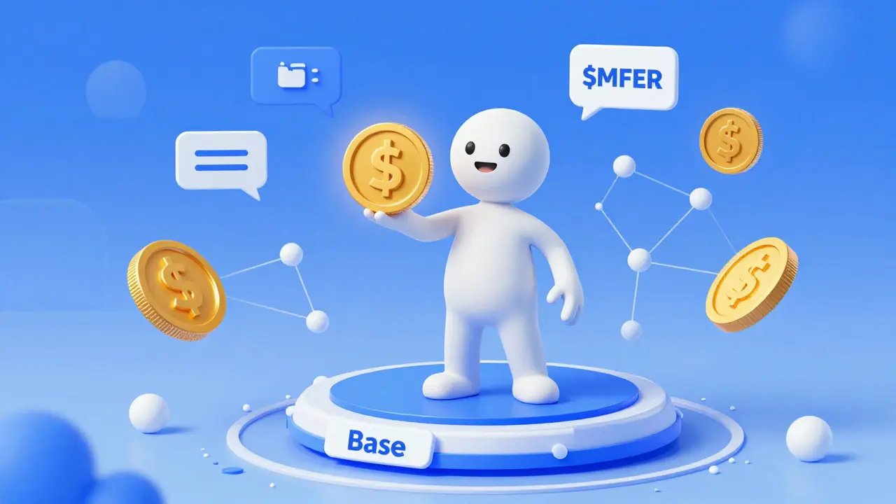 Animated mfer holding MFER coin on Base blockchain platform