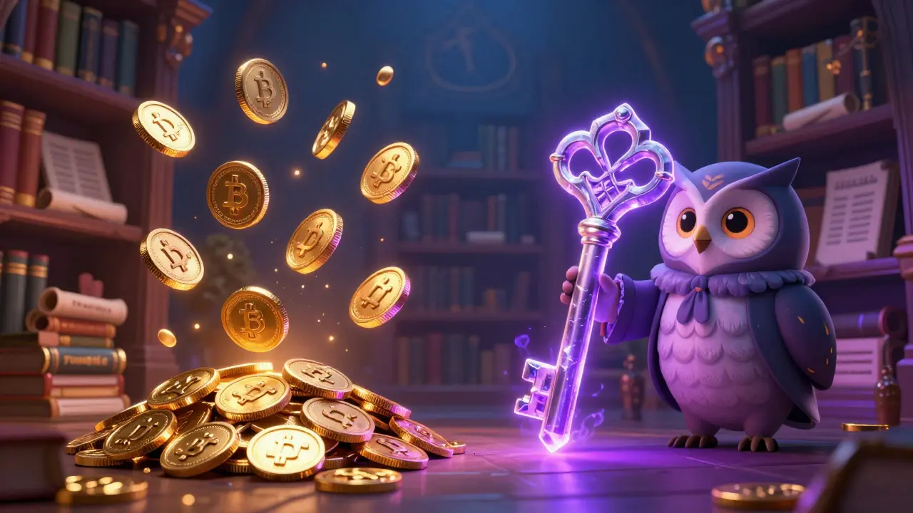 Animated owl librarian comparing fungible coins to a unique NFT crystal key