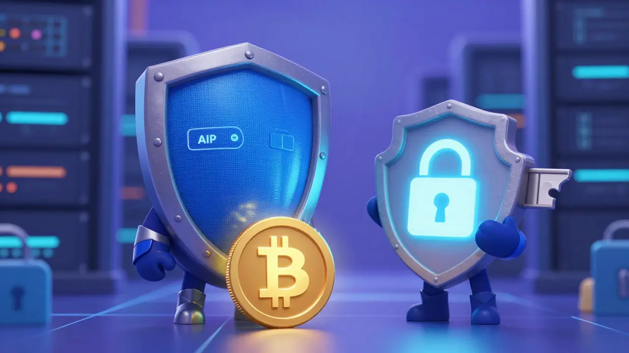 Animated security guardians protecting digital coins and keys