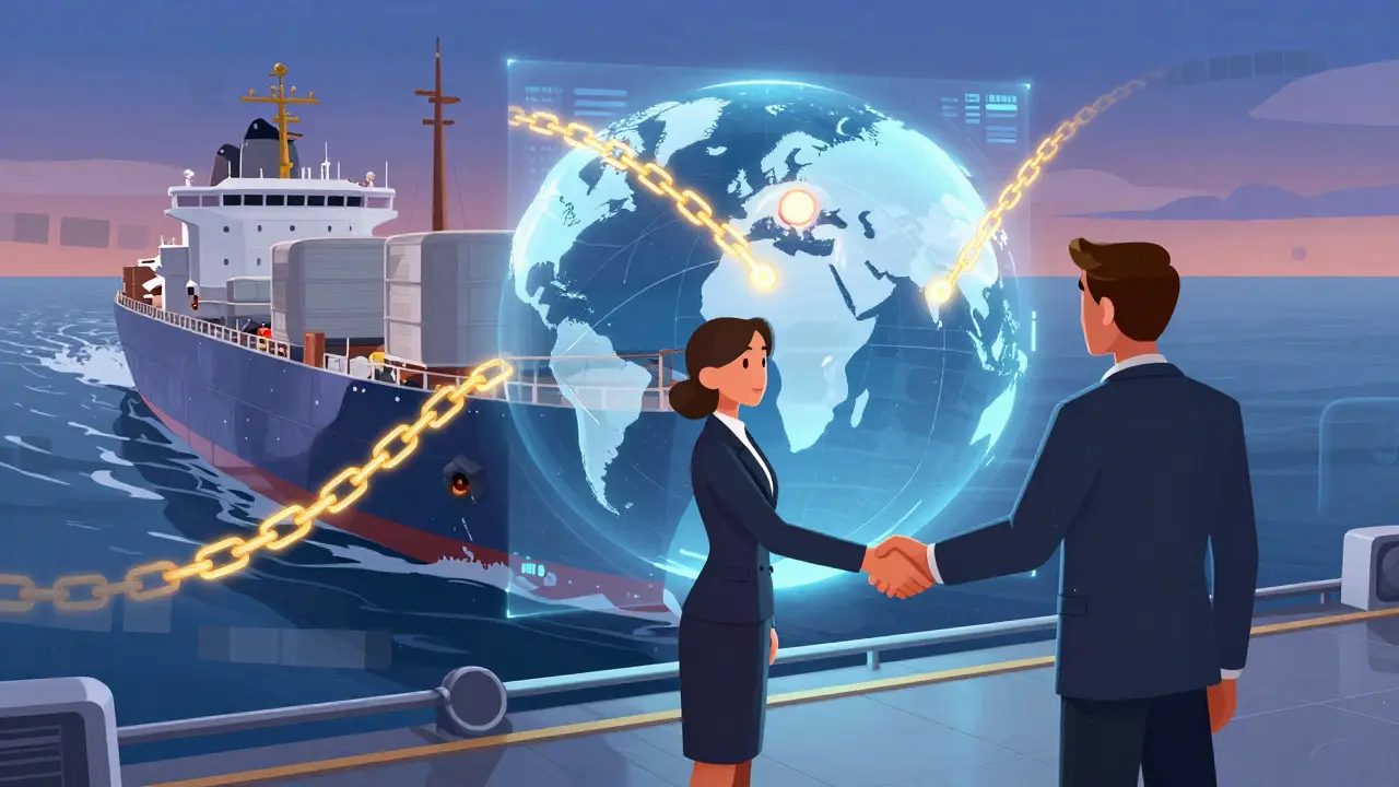 Businessmen shaking hands over holographic global crypto trade